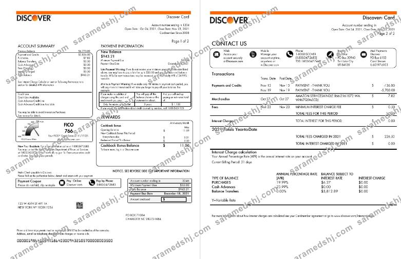 USA Discover bank credit card statement template in Word and PDF format (2 pages)